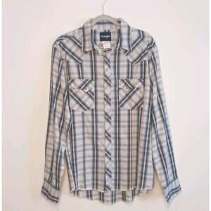 Wrangler Mens Large Blue Plaid Pearl Snaps Western Shirt Long Sleeve Lightweight